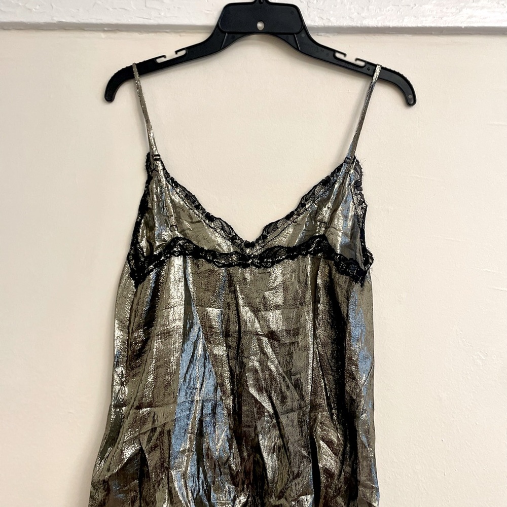 New! Sandro Women’s Lace-Trimmed Metallic Gold Silk Camisole Tank Top Small - Picture 8 of 14